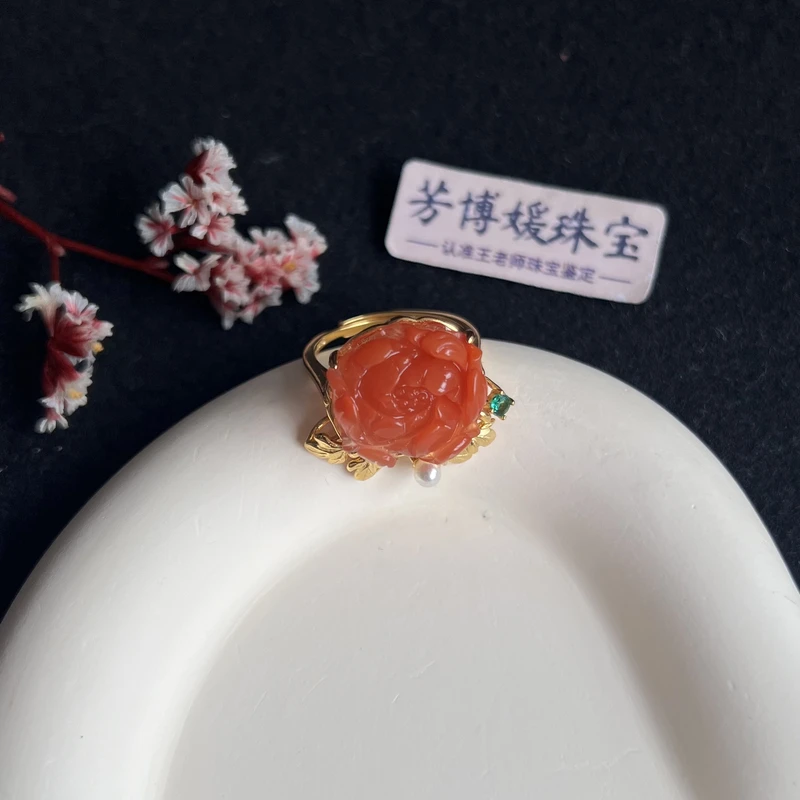N041天然保山南红柿子红S925银镶嵌花开富贵戒指多样性发其一礼物