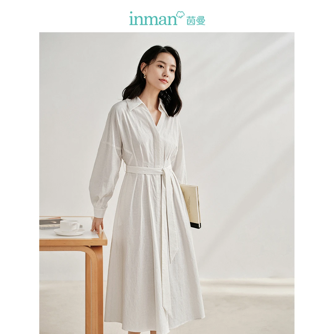 茵曼2025春秋装新款连衣裙长裙显瘦衬衫休闲印花时尚中长裙长袖