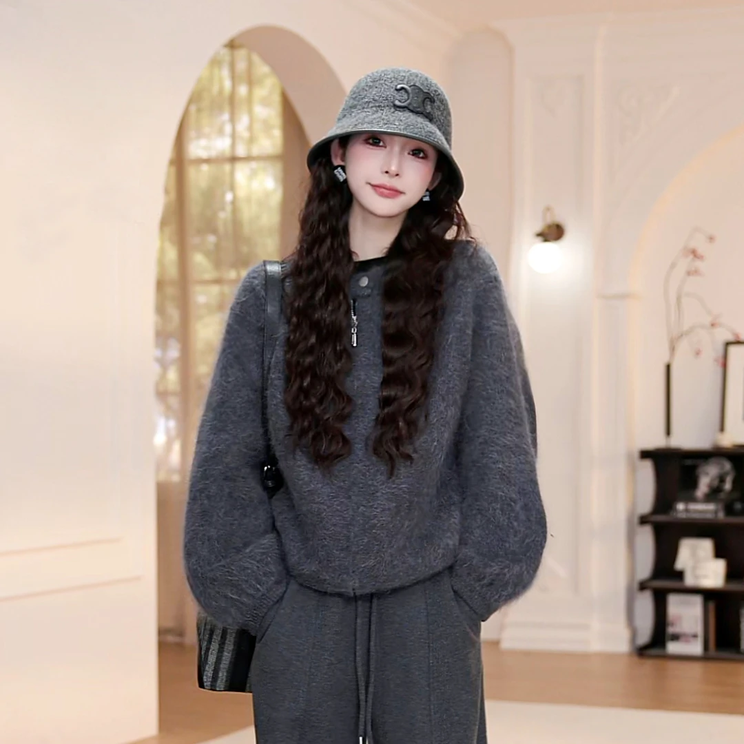 【YY·studio】纯色毛衣开衫女冬季新款圆领长袖针织衫外套9057