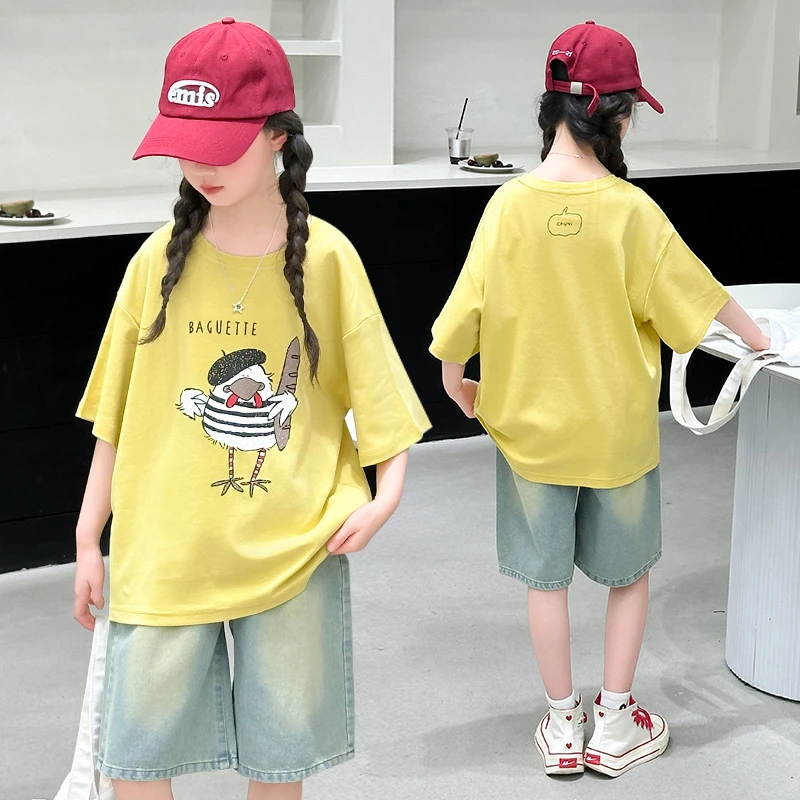 女童夏季短袖套装2025新款女大童夏装休闲T恤儿童牛仔短裤两件套