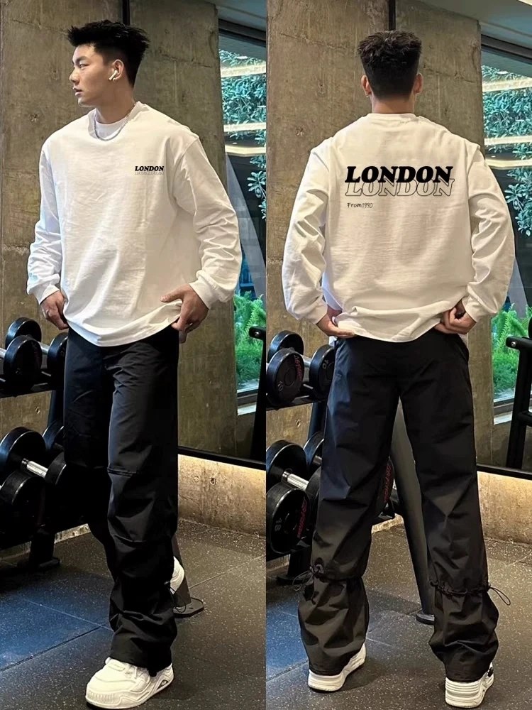 重磅纯棉罗口长袖美式高街秋冬潮牌宽松休闲男生t恤百搭打底衫