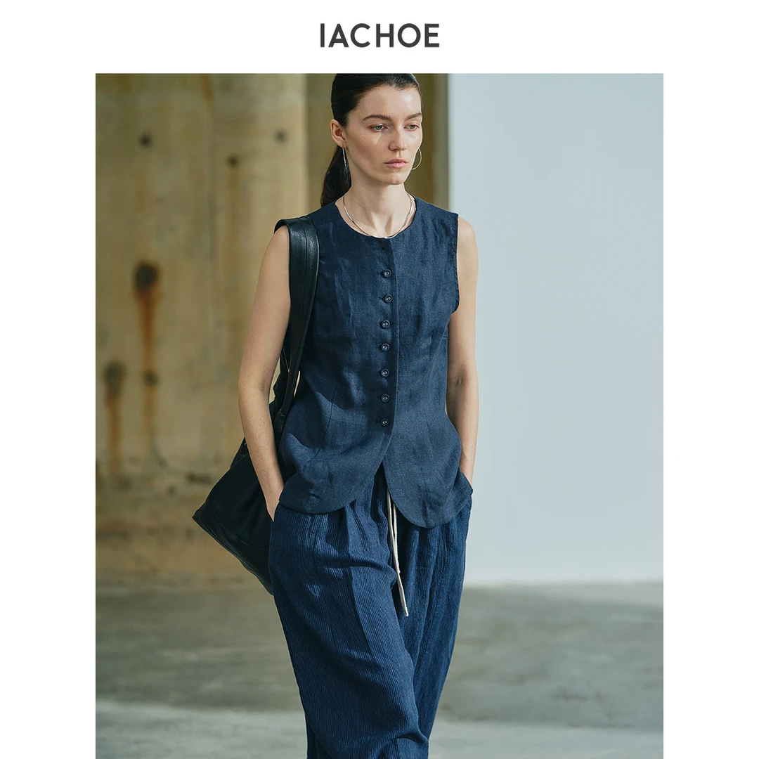 IACHOE单排扣全亚麻马甲3521599005