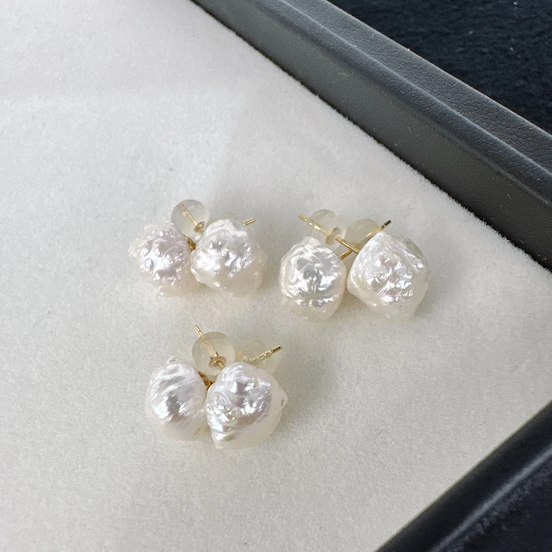 天然珍珠 淡水花蕊耳钉 18K金 9-10MM 多样性发一