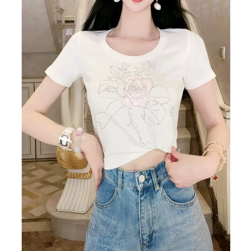 夏季新款重工闪闪烫钻玫瑰时髦圆领短袖T恤上衣  #8051