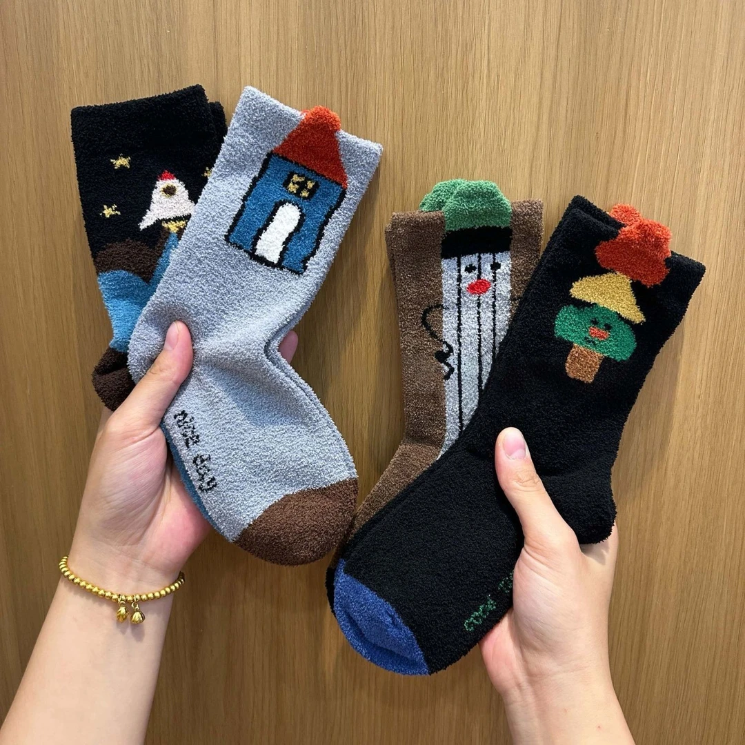 儿童袜子冬季加厚加绒中筒袜男童女童秋冬款珊瑚绒袜子卡通袜GG⑩