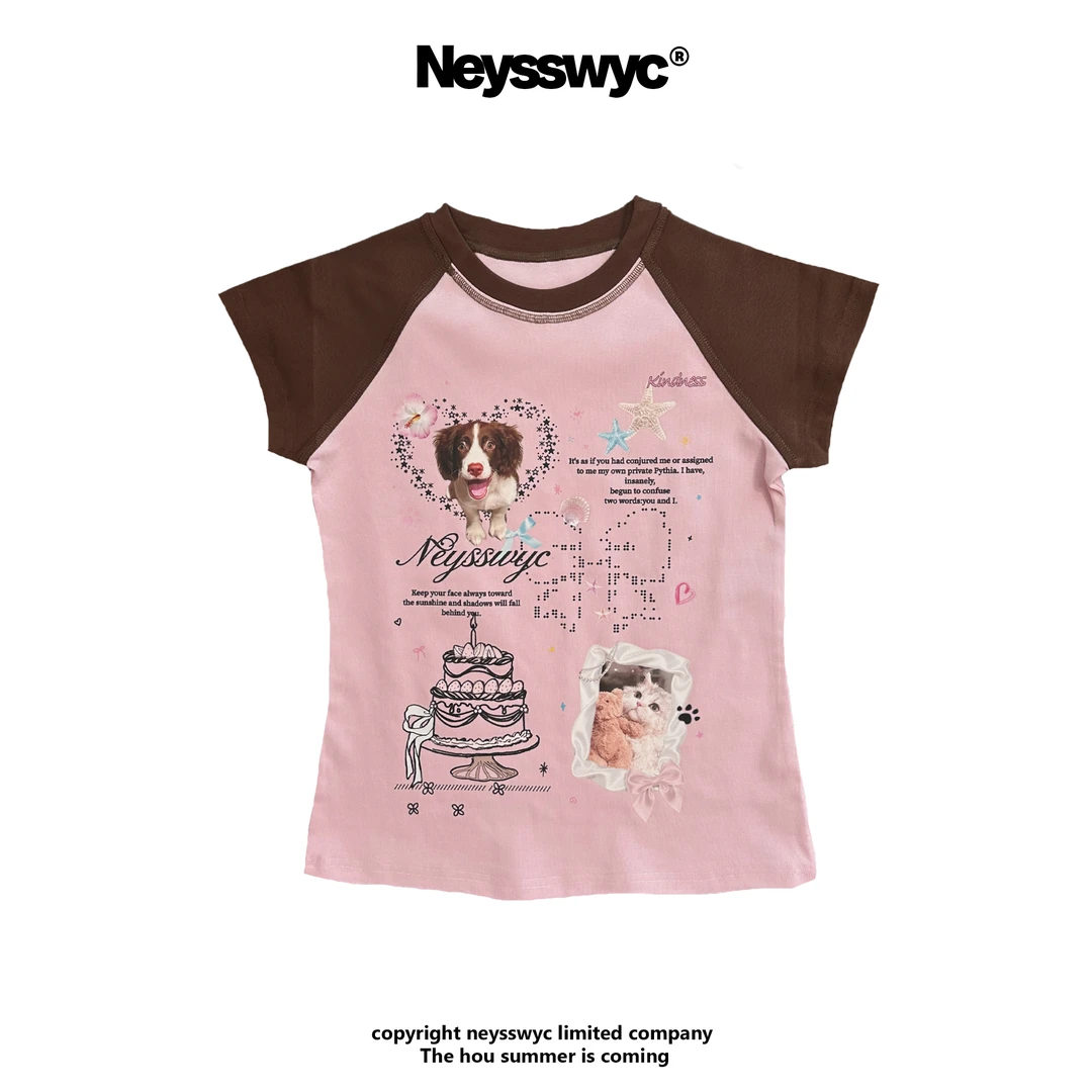 NEYSSWYC 原创 猫狗ins风短袖咖拼粉插肩撞色显瘦沙漏T恤明线夏季