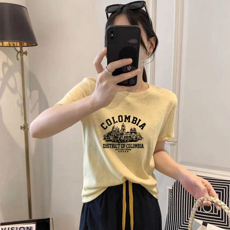 2025夏季潮款正肩圆领雪花棉短袖t恤女黄色百搭时尚洋气薄款上衣