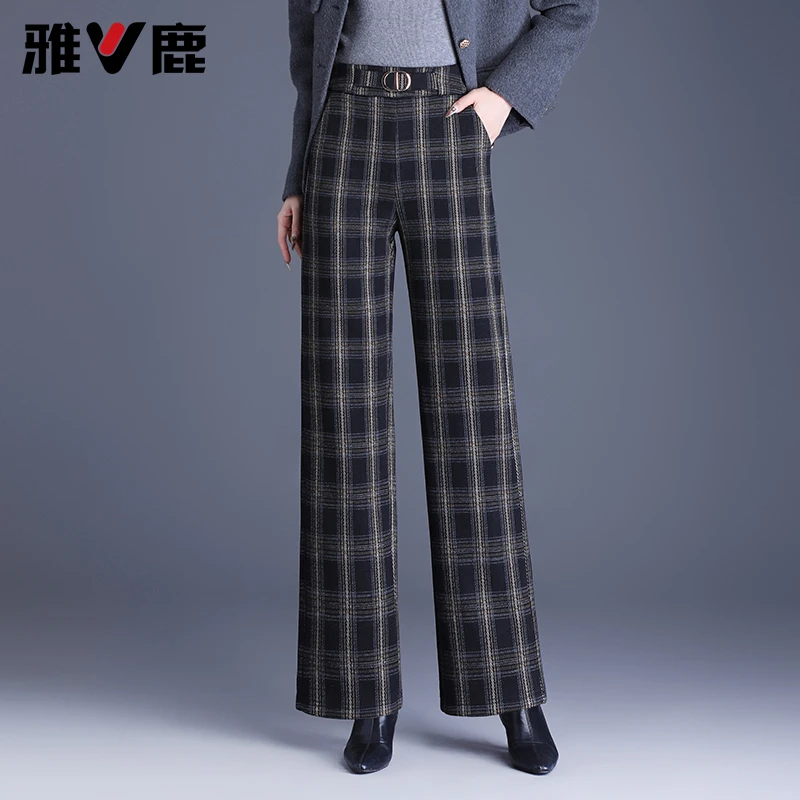 雅鹿羊毛呢阔腿裤女秋冬2026新款格纹呢子高腰宽松长裤垂坠感女裤