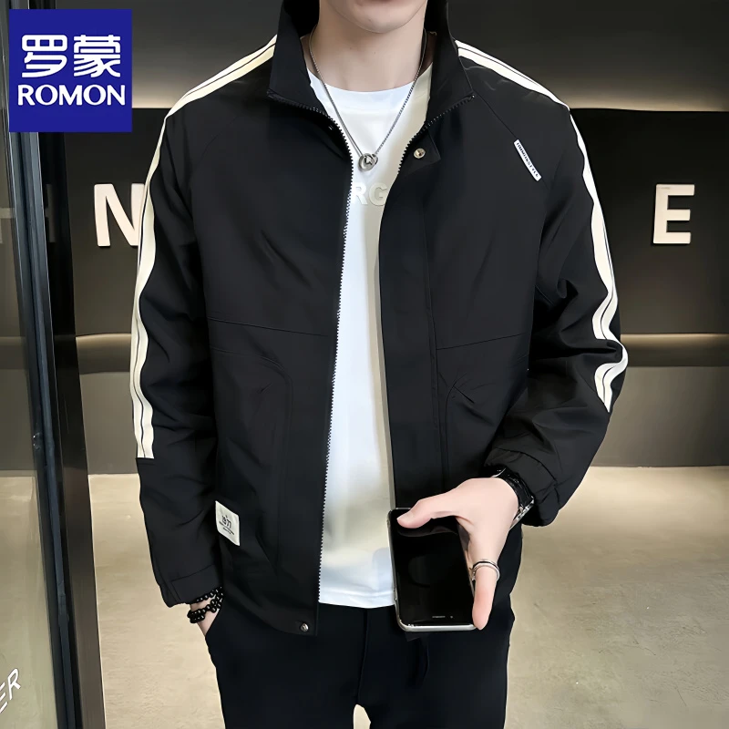 Romon/罗蒙薄款外套男春秋新款立领条纹潮牌痞帅休闲衣服夹克男潮