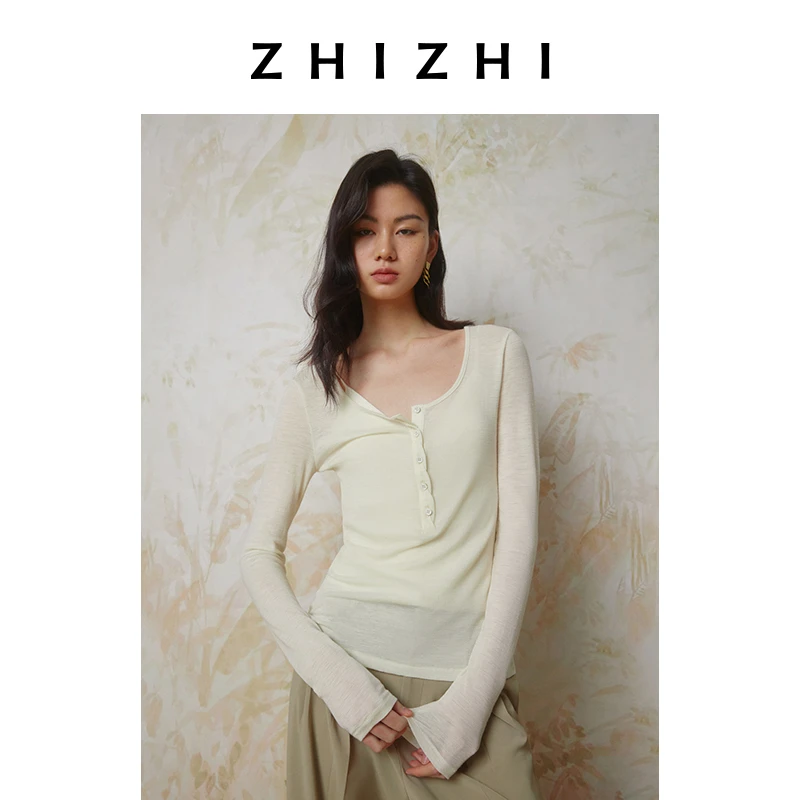 致知 三叠 欧若风大圆领长袖T恤女25初春新款针织上衣ZZ2ESWT3030