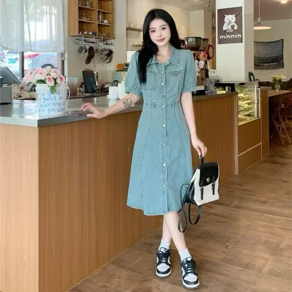 大码女装金属爱心修身牛仔连衣裙2025夏装新款收腰显瘦连衣裙1529