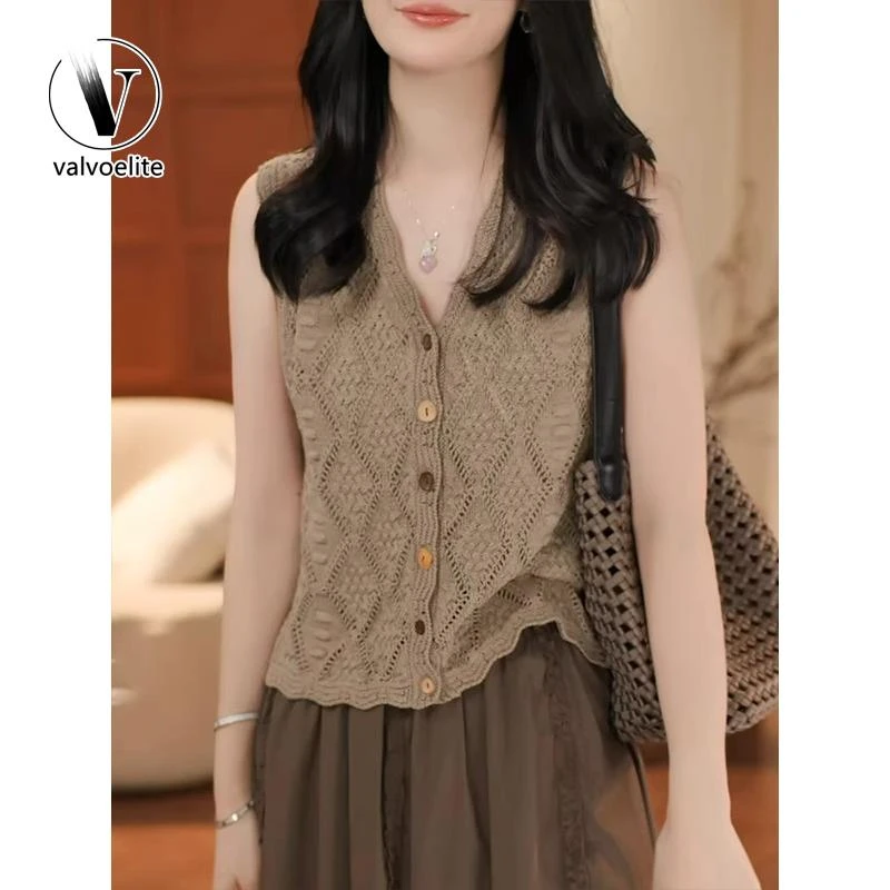 VALVOELITE镂空针织开衫背心女夏季新款休闲无袖坎肩马甲上衣潮流