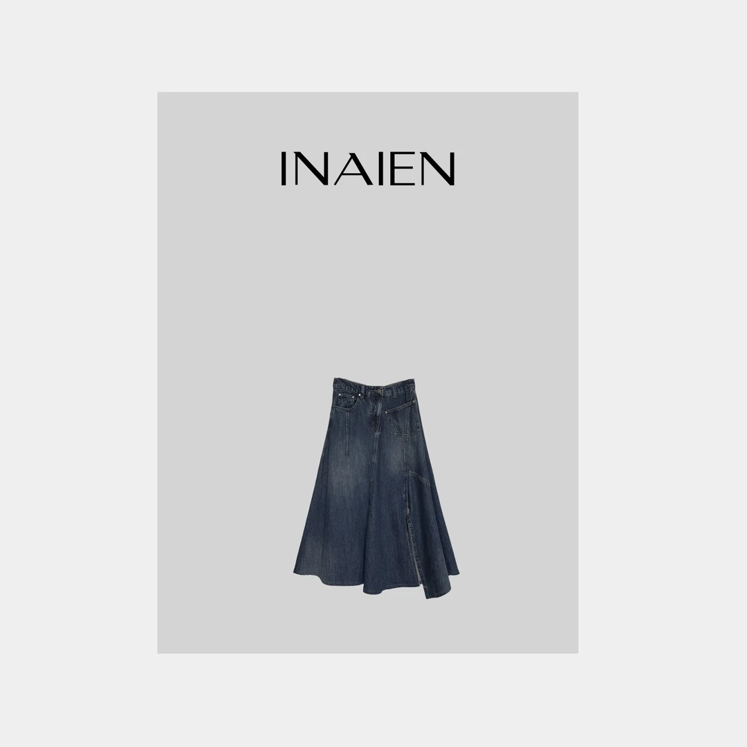 【INAIEN】线上款“蓝月光”不规则牛仔长半裙Y5022
