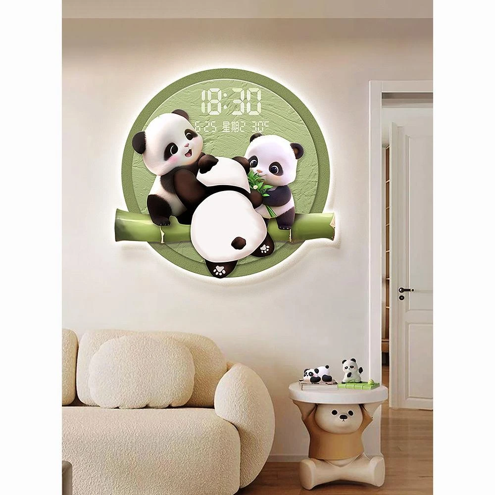 奶油风熊猫客厅钟表装饰画沙发背景墙挂钟画餐厅背景墙静音电子钟