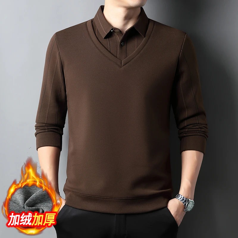 Mexican/稻草人【含羊绒+桑蚕丝 】男士加绒假两件针织衫冬季毛衣