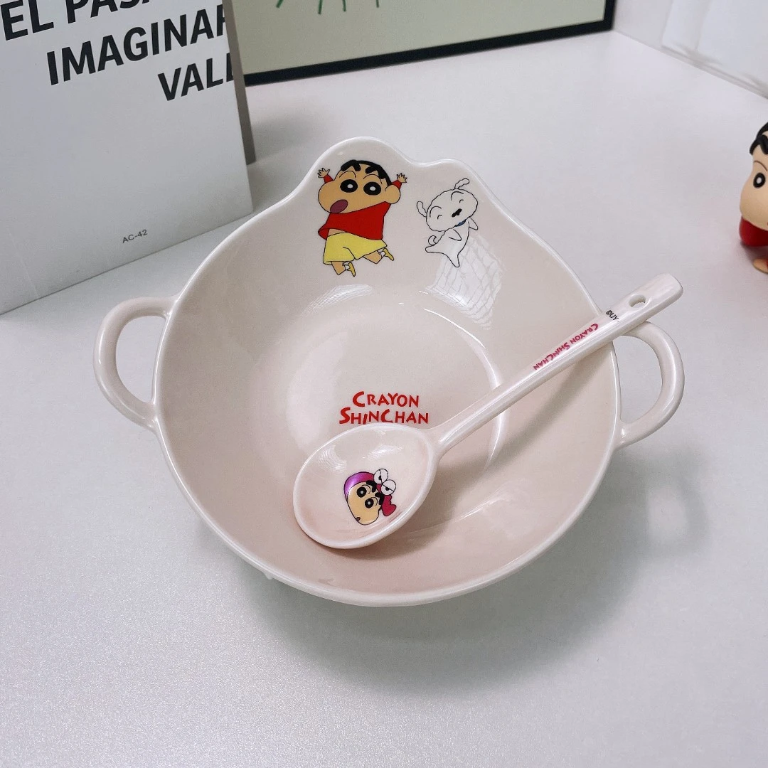 正版蜡笔小新餐具套装粉色双耳沙拉碗家用吃饭碗创意双耳陶瓷碗