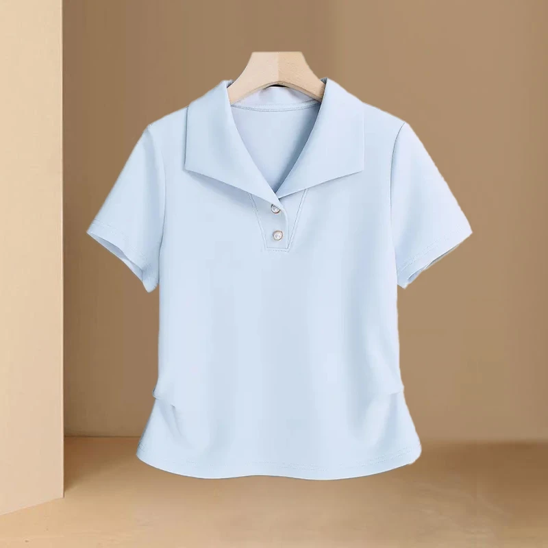 高含棉简约洋气polo领纯色短袖t恤女2025年夏季新款收腰显瘦上衣