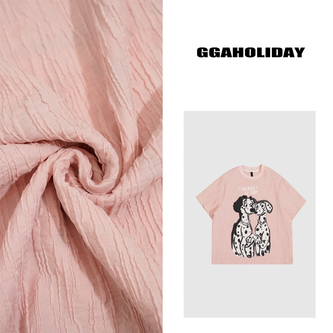 GGAHOLIDAY夏季宽松休闲洋气复古时尚褶皱设计印花短袖T恤-152210