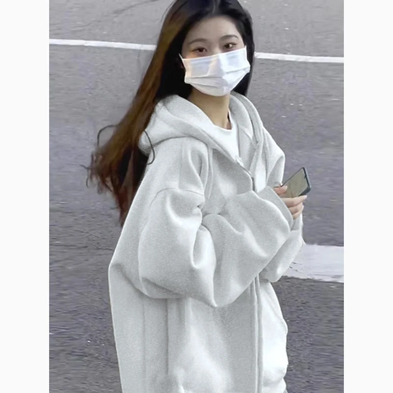 连帽卫衣慵懒风加绒开衫纯色百搭学院风常规秋季卫衣女学生外套
