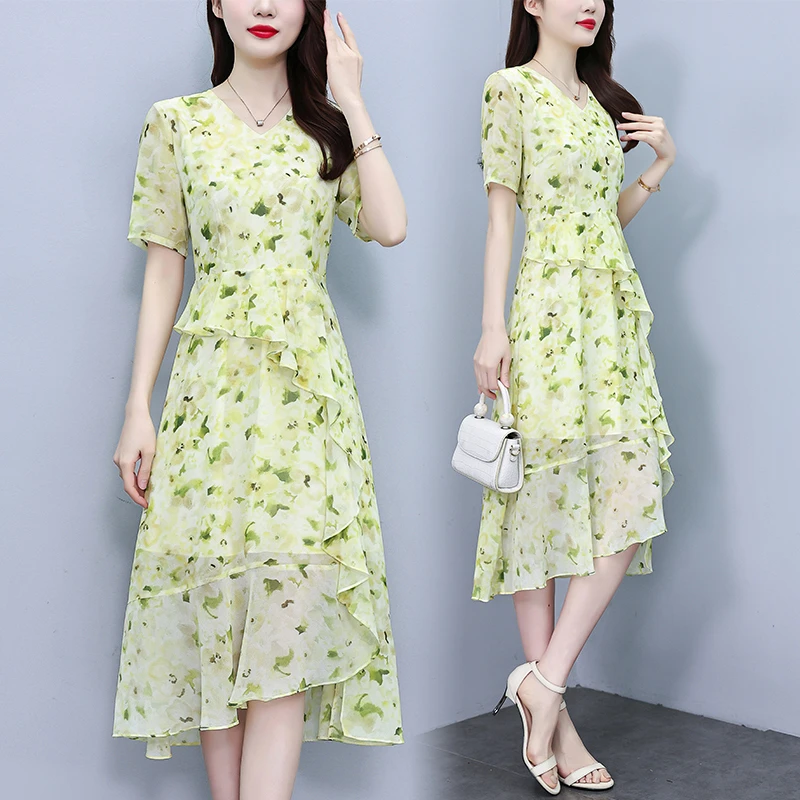 法式碎花A字连衣裙V领黄色夏季新款气质收腰中长裙不规则雪纺裙子