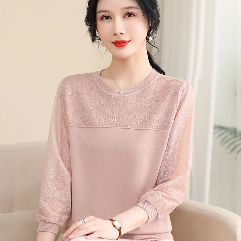 中老年妈妈装春秋新款百搭上衣小衫秋季圆领薄款高端气质针织衫潮