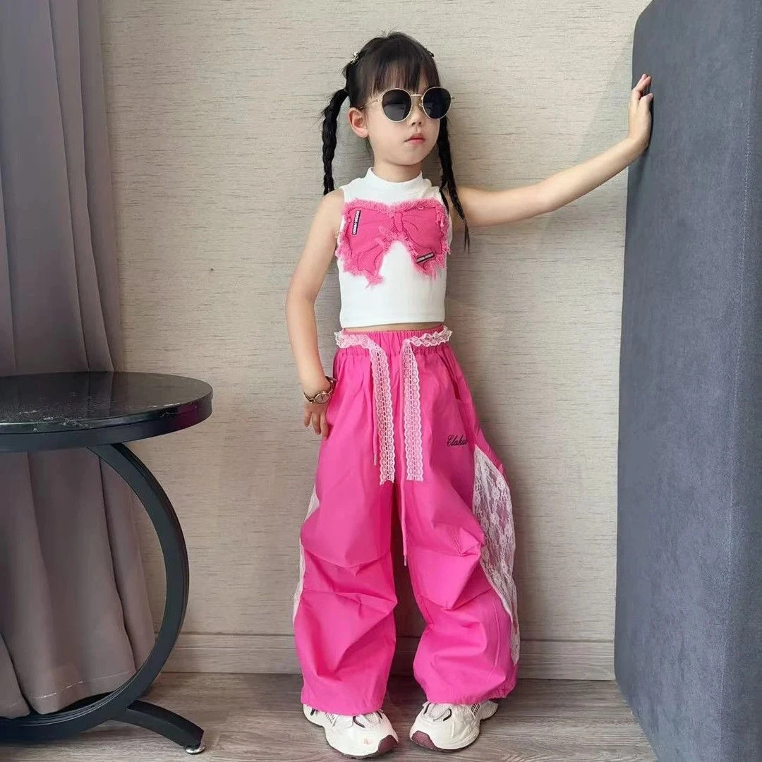 女童套装夏装2025新款女孩洋气中大童背心儿童拼蕾丝阔腿两件套潮
