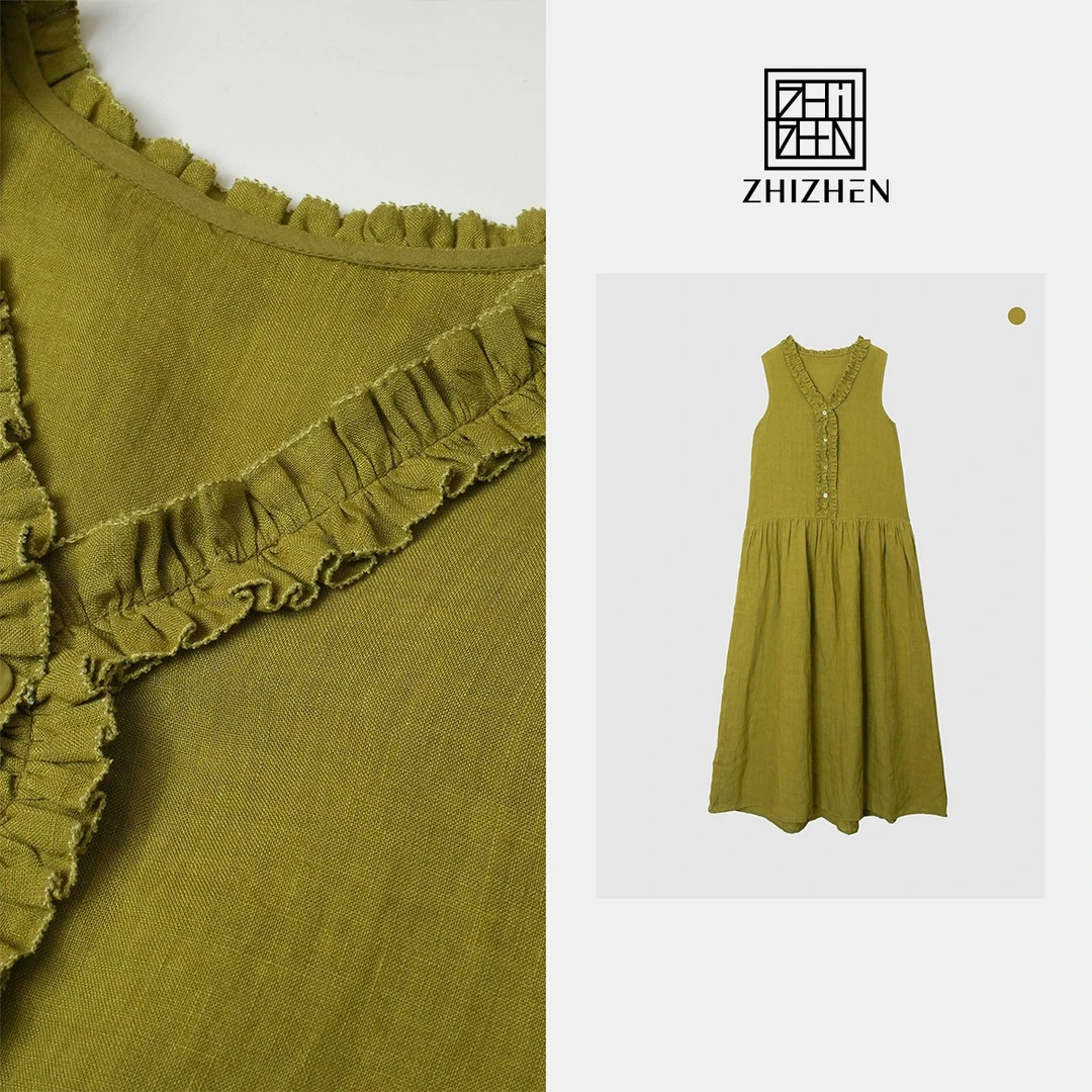 夏季新款简约休闲木耳边亚麻连衣裙【芥末绿调】