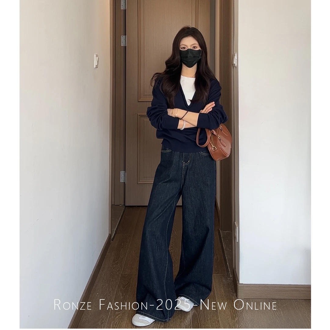 美式原牛ins风阔腿牛仔裤女百搭极简风老钱风蓝灰色加绒加厚牛仔