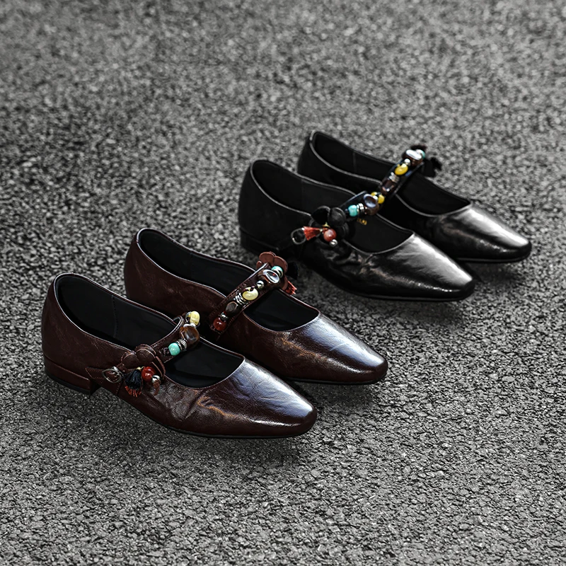 卡卡妮亚 舒适软底软面百搭真皮单鞋女舒适低跟一字扣玛丽珍鞋女