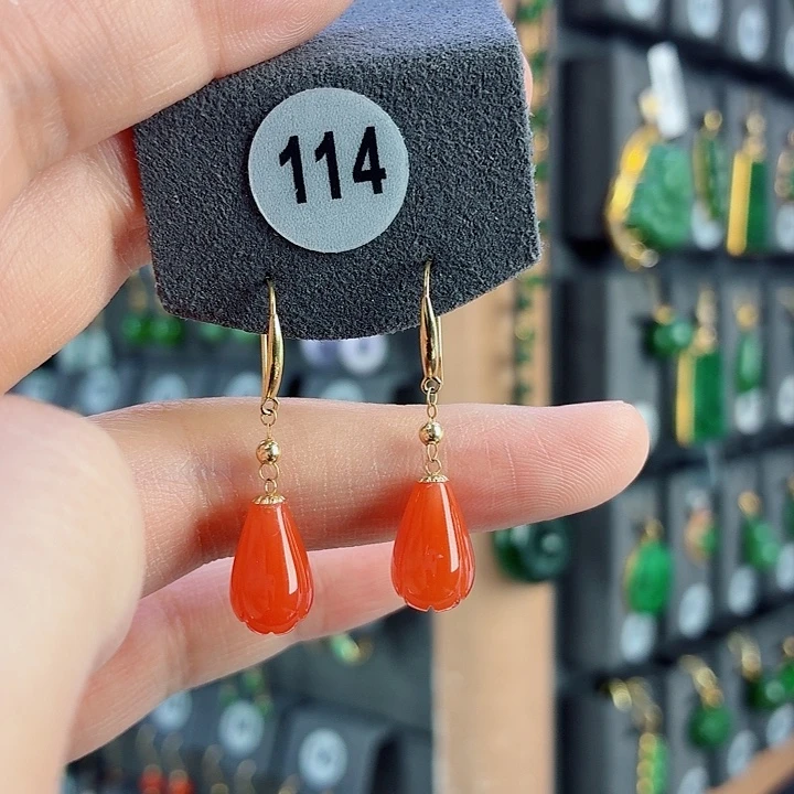 南红玛瑙18K金镶嵌耳饰