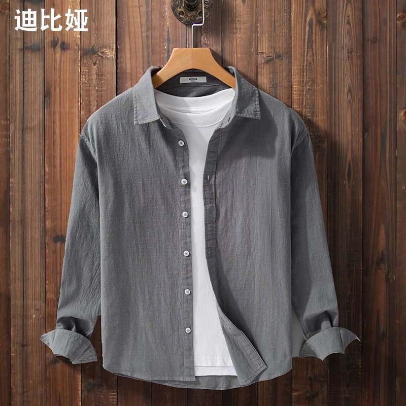 迪比娅秋季男简约纯棉长袖衬衫宽松舒适透气清新日系休闲白衬衣Y
