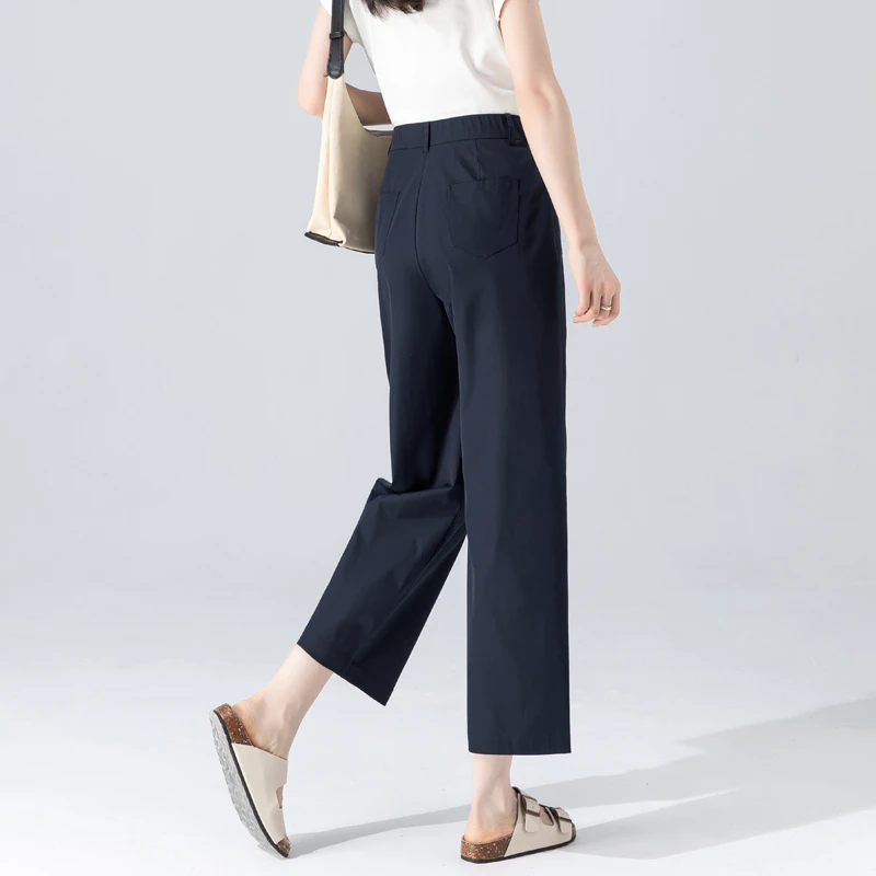高级感藏蓝色裤子女2025新款夏季薄款免烫抗皱阔腿裤女八分直筒裤