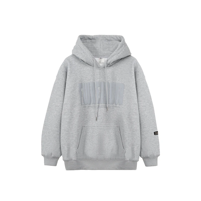 秋冬港风灰色加绒加厚连帽卫衣男百搭休闲印花宽松套头外套上衣潮