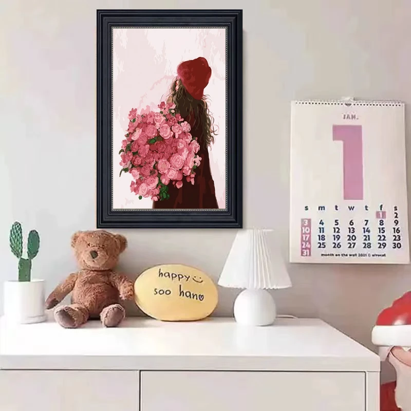 手工砂岩《花束女孩》现代风治愈系沙发背景墙客厅卧室装饰画4060