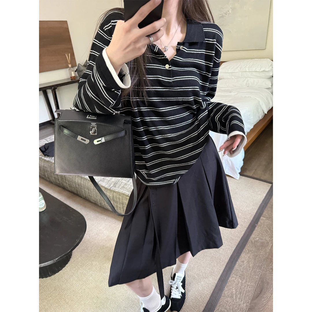 韩版复古条纹撞色Polo领针织衫女早秋穿搭慵懒风百搭宽松长袖上衣