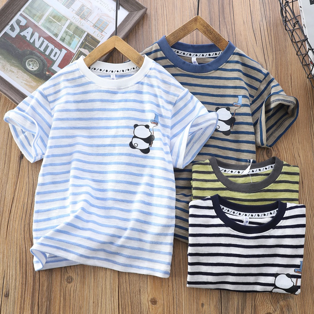 儿童短袖T恤衫2025夏季新款男童薄款条纹半袖竹节棉圆领衫5208