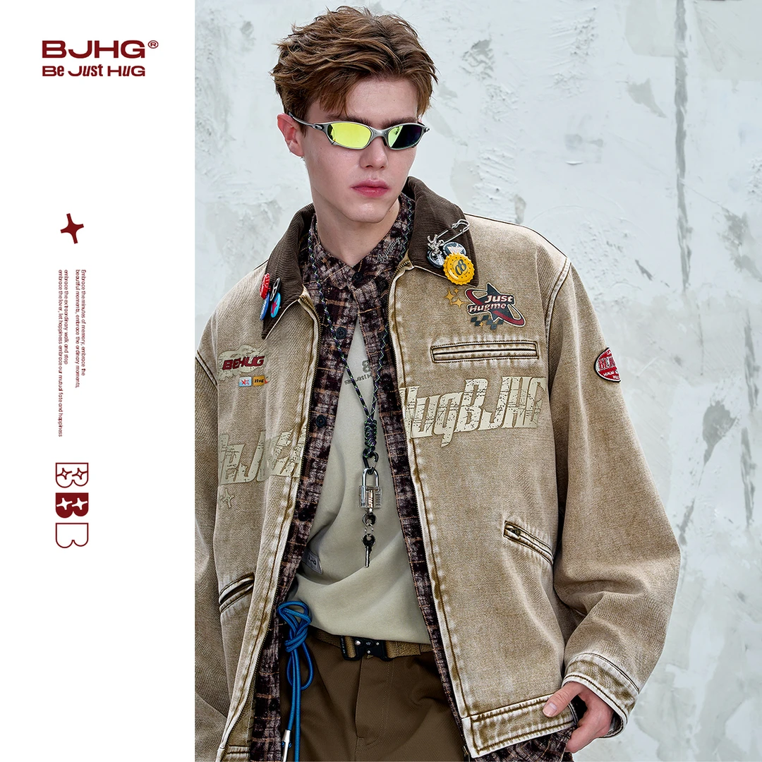 BJHG不计后果美式潮流男士外套秋2025新款拼接层次感复古做旧夹克