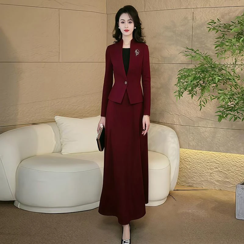 酒红假两件连衣裙女秋冬喜婆婆婚宴装2025新款高级感气质显瘦长裙