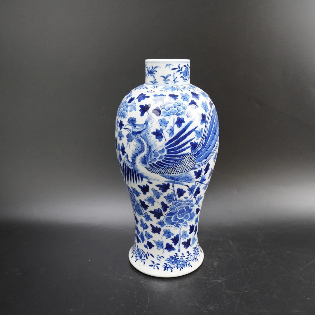 Lot.25070920清光绪青花凤凰花卉纹将军罐 高：约31cm