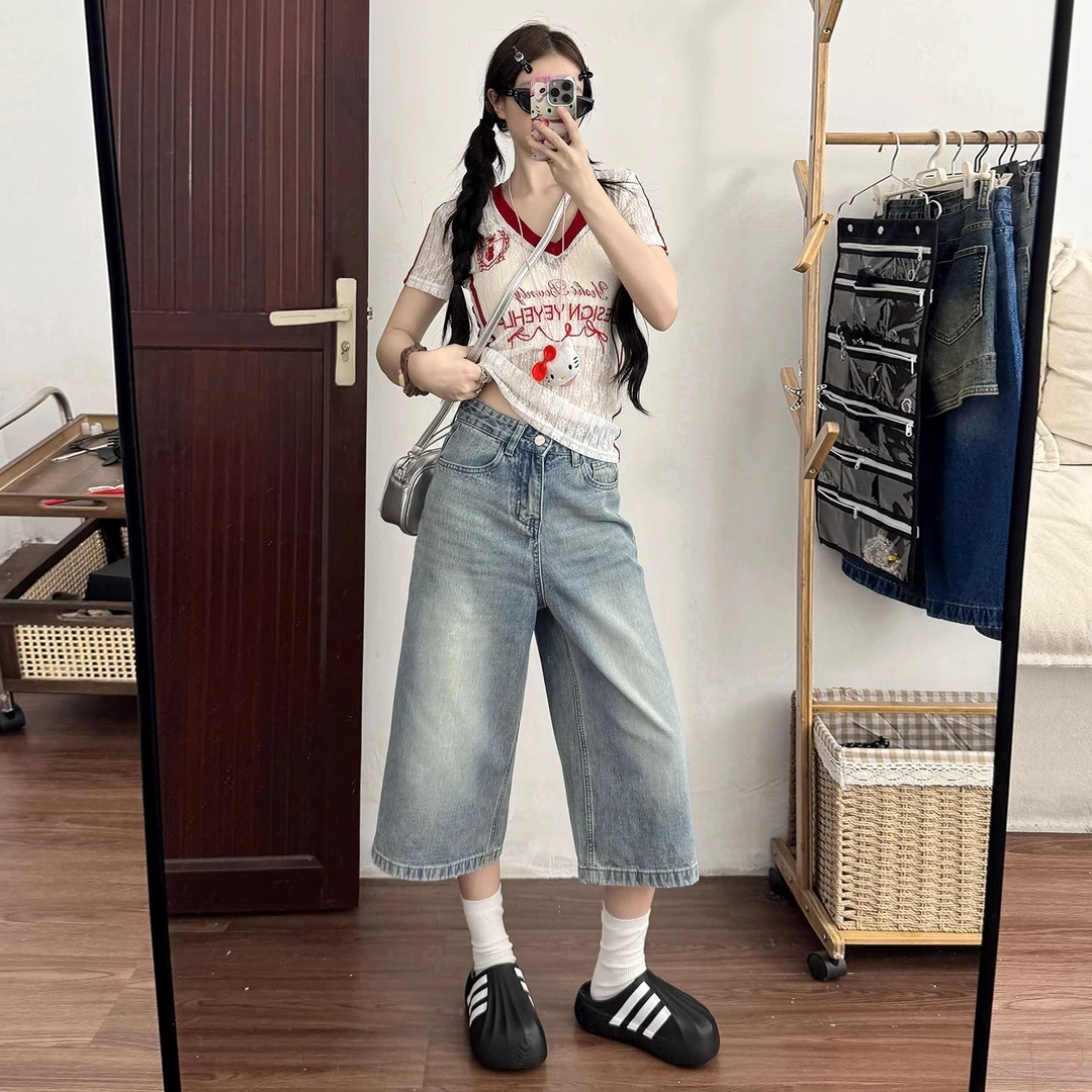 雪千羽浅色阔腿牛仔七分裤女夏季新款胖mm宽松显瘦梨型身材直筒裤