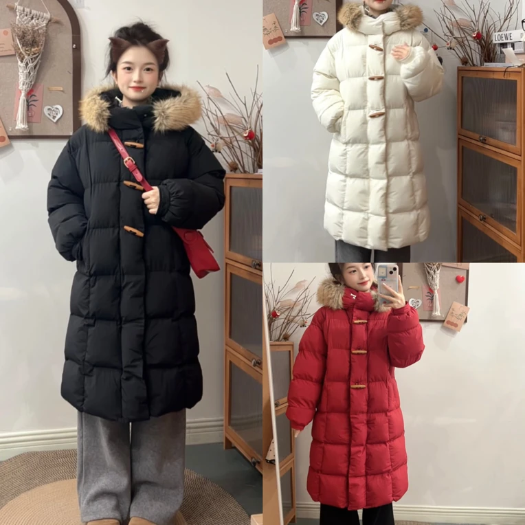 新年棉服！中长款韩版宽松羊角扣大毛领棉服外套