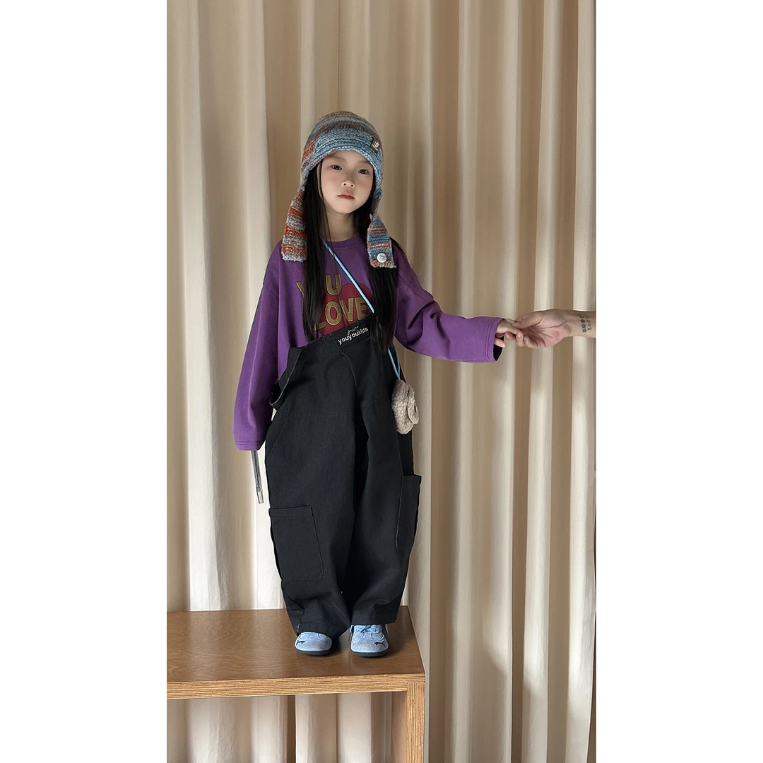 Harper kids 韩版女童立体口袋字母刺绣宽松背带裤 H25A3907109