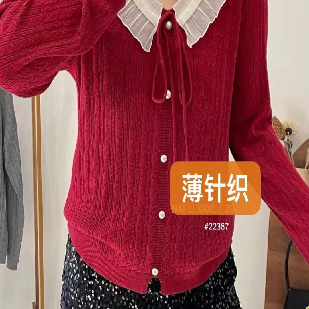 【吉苗条】6693针织衫上衣慵懒风刺绣蝴蝶结休闲风