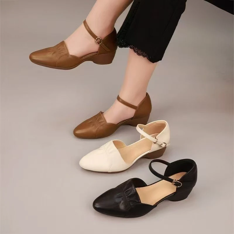 2025夏季新款软皮女鞋尖头粗跟中跟软底软面舒适时尚气质女鞋百搭
