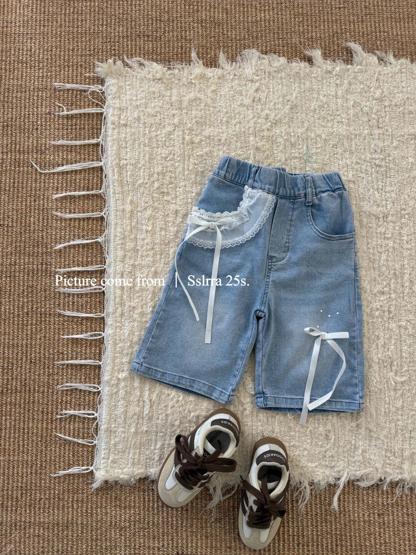 6609女童蕾丝蝴蝶结牛仔中裤2025儿童夏装短裤小女孩五分裤