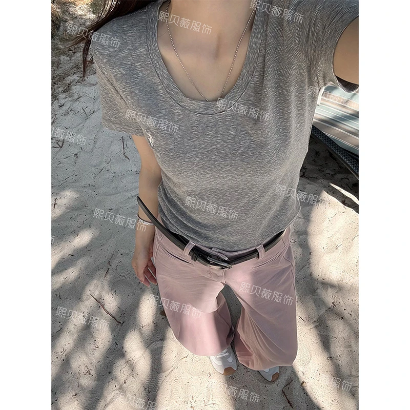 熙贝薇5 简约百搭U领短袖T恤早春新款刺绣修身显瘦内搭上衣 G7236