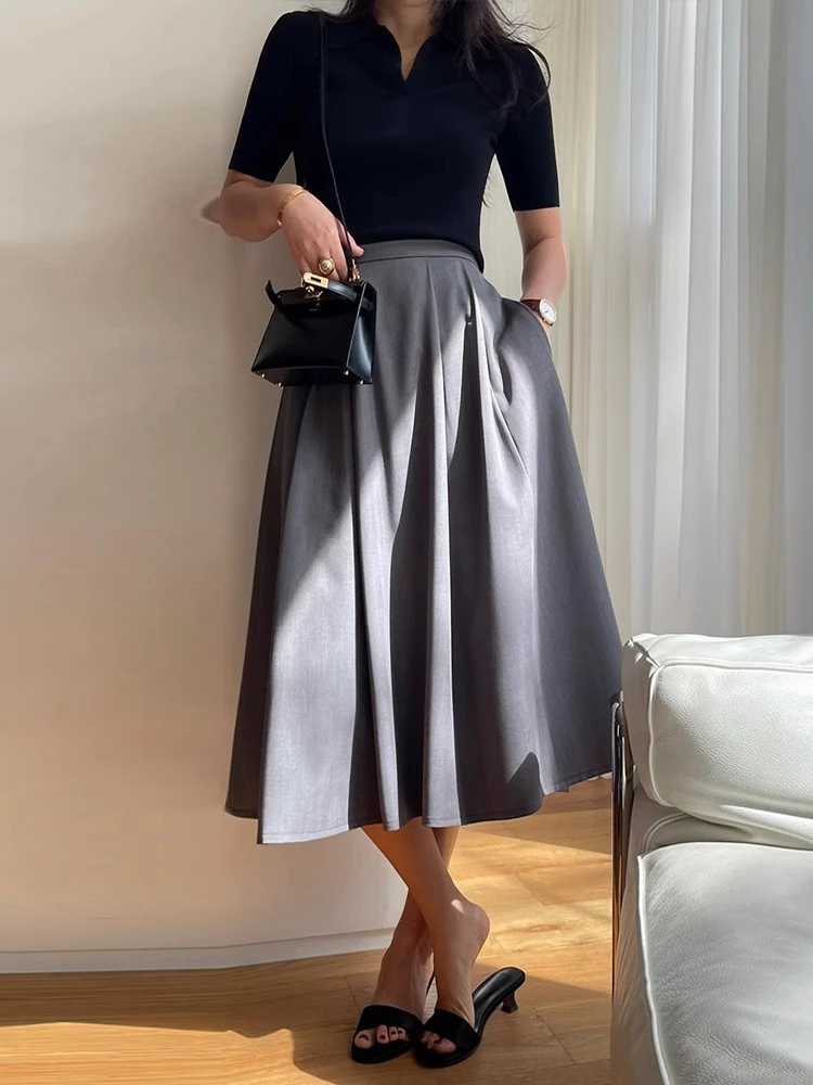 灰色百褶西装裙女2025夏天新款高腰大摆伞裙小个子显瘦a字大摆裙