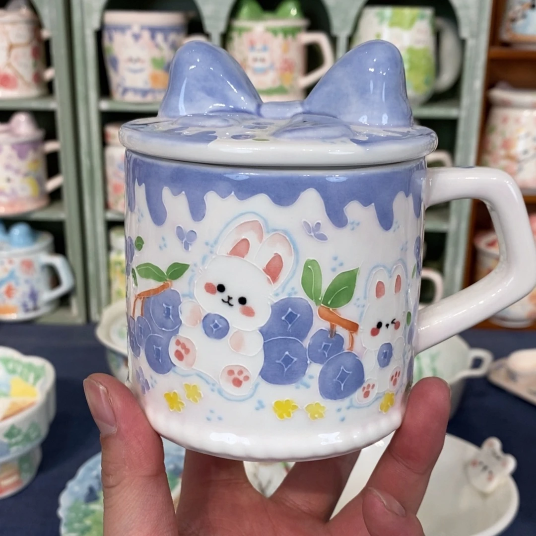瓷片蓝莓蛋糕兔子马克杯微瑕