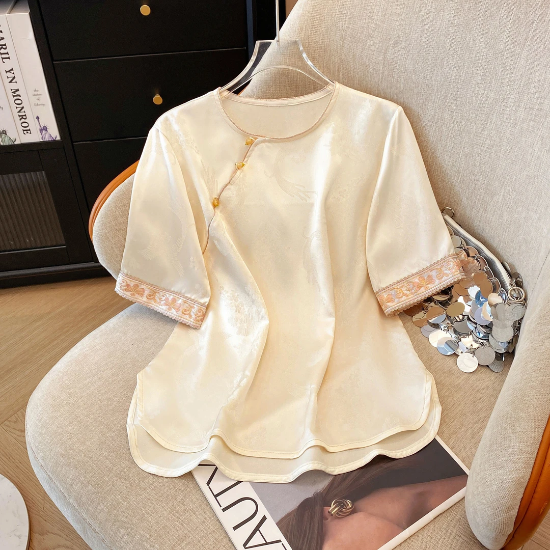 国风新中式短袖2025夏季新品高端复古内搭改良宽松显瘦缎面衬衫女