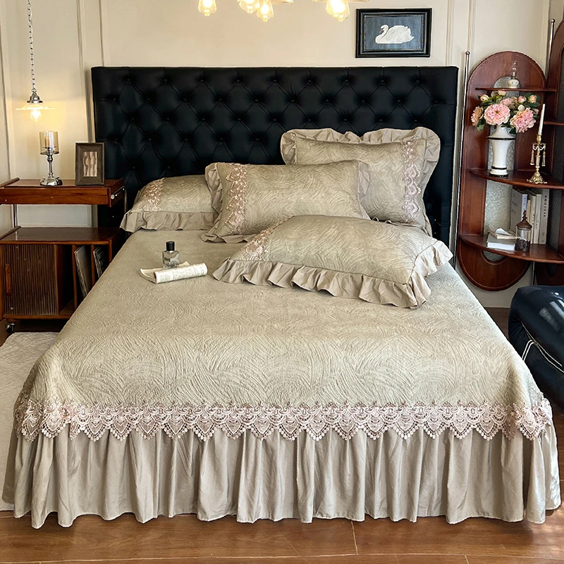 A类夏季高端PE凉席冰丝席三件套蕾丝床盖床裙款空调软席子可机洗